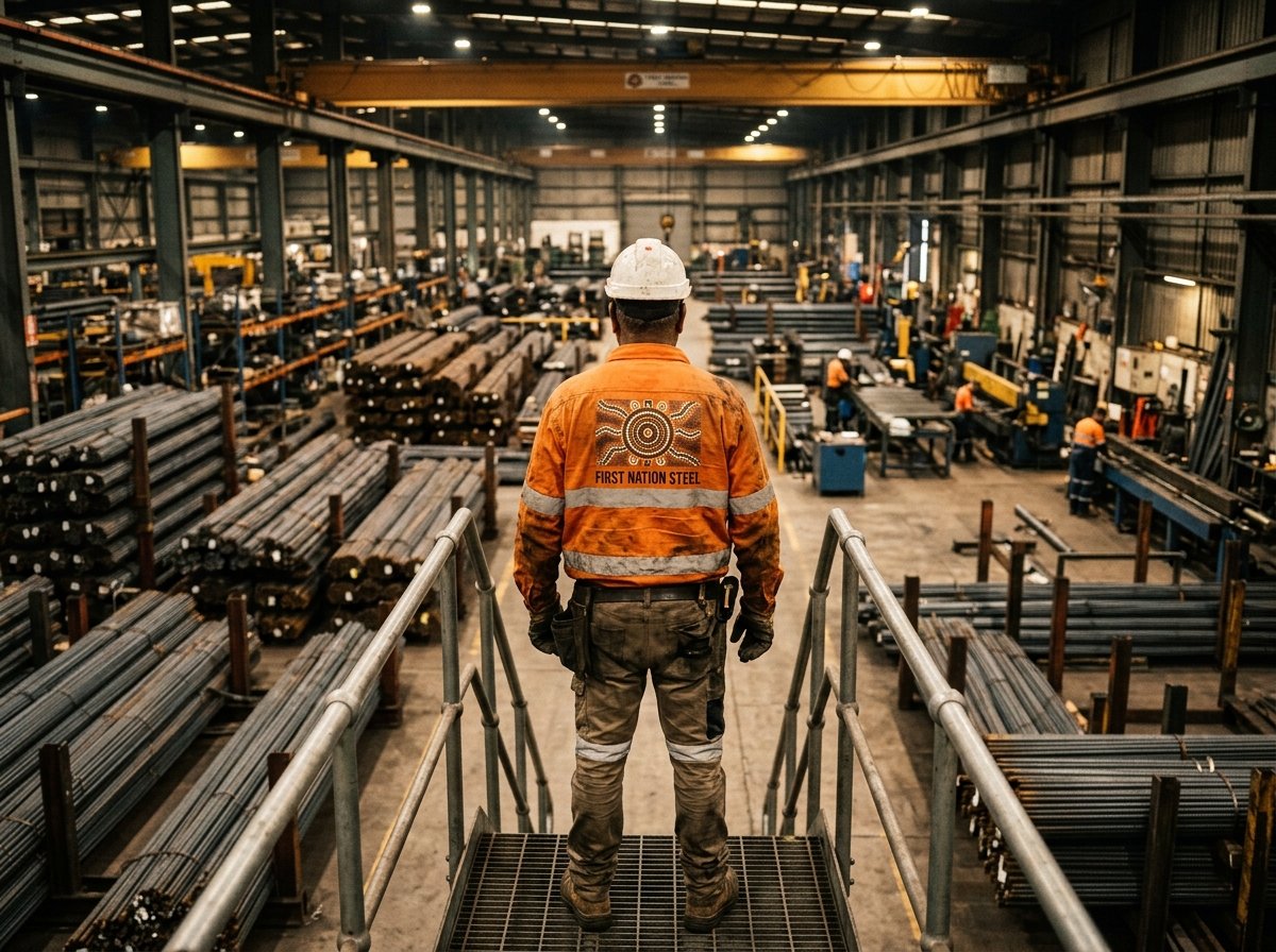 First Nation Steel worker overlooking industrial rebar yard